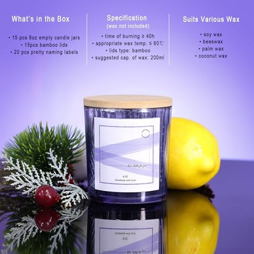 LAMORGIFT 15 Pack Glass Candle Making Jars with Lids (8oz, Purple) - Candle Containers for Making Candles - Mercury Glass Candle Jars Include 20 Pcs Candle Labels