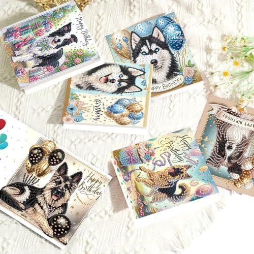 6 Packs Diamond Painting Greeting Card Kits Diamond Art Dog Laser Effect Greeting Cards Animal Special Shaped Diamond Art Greeting Card Arts Crafts for Christmas Birthday Thanksgiving Day(30x15cm)