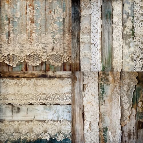 Vintage Lace Scrapbook Paper Pad, 6 x 6 Inch Rustic Wood Grain 160gsm Cardstock, 24 Sheets Shabby Chic Craft Paper for Bridal Album, Wedding Invitation DIY