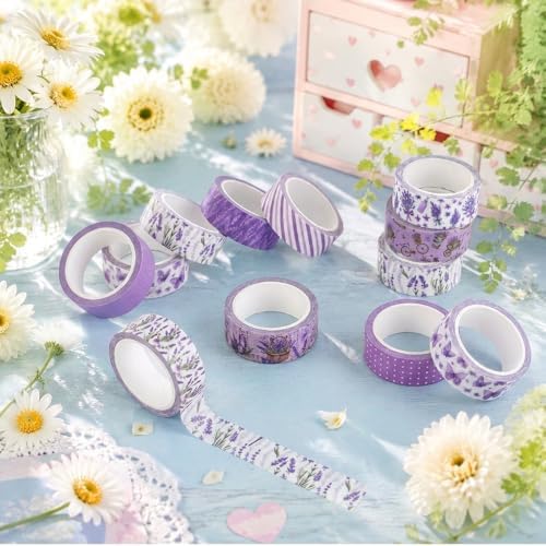 12 Rolls Floral Washi Tape Set, Purple Watercolor Flowers Design for for Journaling, Scrapbooking, DIY Craft, Planners, Gift Wrapping, Back to School Art Supplies