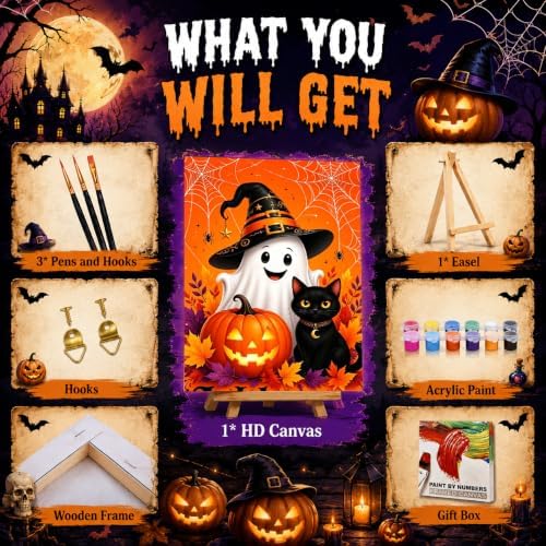 Halloween Paint by Numbers Kit for Kids with Frame Easel Ghost 8x12 inch