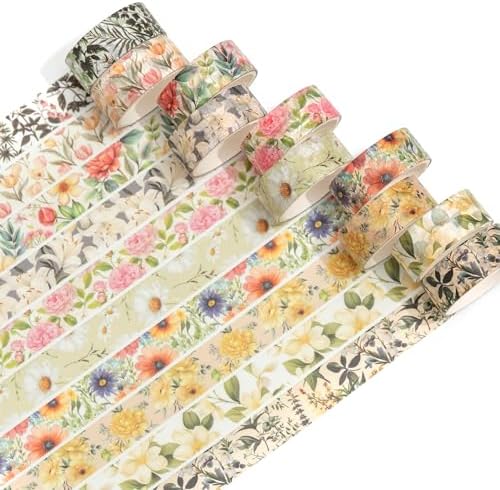 10 Rolls Blooming Flowers Washi Tape Set Floral Arts Adhesive Tapes Colorful Garden Decorative Masking Tape Sets for Craft, Kids, Scrapbook, DIY, Gift Wrapping (2-Romance)