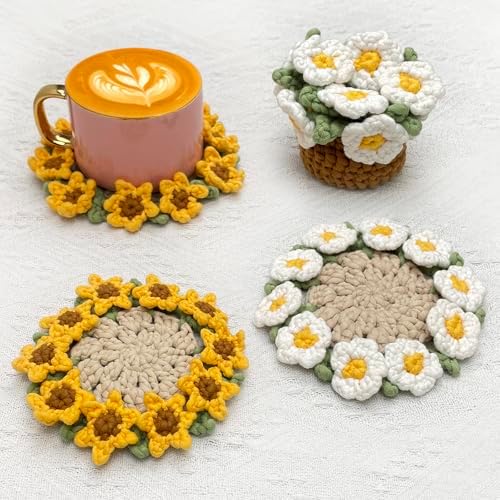 Crochet Kit for Beginners, Learn Crochet Flower Coaster Kit, Include Video Tutorial & Manual, Easy Knitting Yarn for Adult Amigurumi, DIY Holiday Birthday Gift Idea(Sunflower & Daisy)