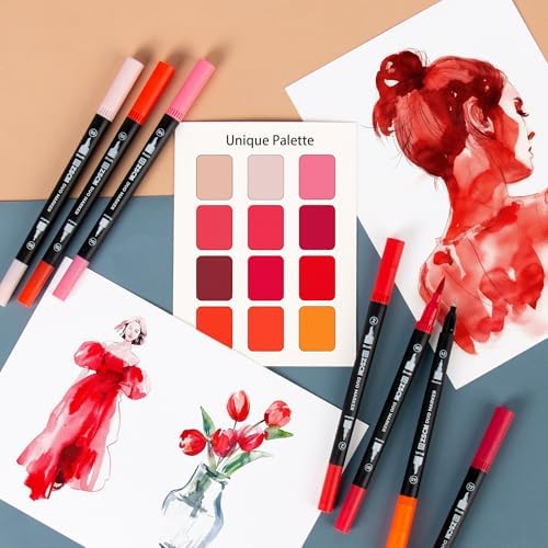 Red Duo Tip Marker Pens, 12 Fine & Brush Tip Pen For Adult Coloring Books