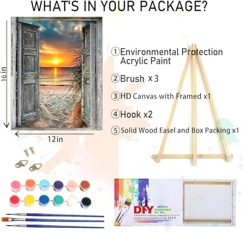 MIRCVSH Sunset Beach Paint by Numbers for Adults-Landscape Paint by Number on Canvas with Wooden Framed,DIY Acrylic Oil Painting by Number Kits for Adults Gift Home Wall Decor(12x16inch)