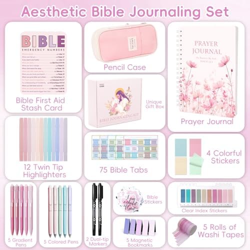 XKDOUS 50 Bible Study Supplies Journaling Kit with Journal and Case, Pink