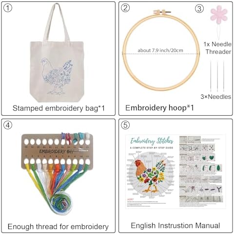 Louise Maelys Embroidery Kit, Canvas Tote Bag with Floral Hen Art Pattern