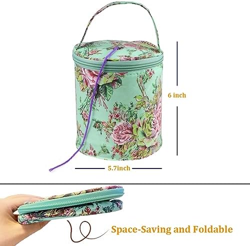 mini yarn storage small size yarn bag for crocheting with holes,empty round knitting tote bags protable yarn holder,perfect for travel,beginner & crocheter(Green Peony)