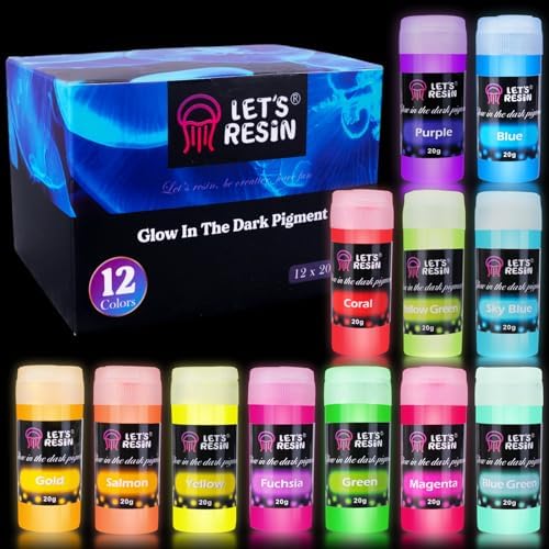 LET'S RESIN 12 Colors Glow in The Dark Pigment Powder for Resin - 20g/Jar | Epoxy Resin Luminous Pigments Long Lasting for Slime, Nails, Acrylic Paint, Halloween Decoration,Art,Crafts