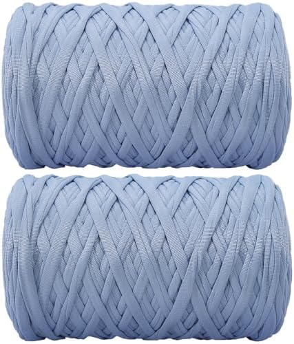 2 PCS 800g T-Shirt Yarn Elastic Fabric Crochet for DIY Knitting, 260 Yards Spaghetti Thick Knitting Yarn for Hand DIY Bag Basket Cushion Crocheting Projects,Home Decor（Sky Blue）