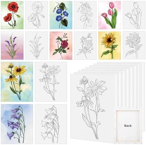COCHIE 8 Pack 8x10 Inches Flowers Theme Pre Drawn Canvas to Paint, Pre-Printed Canvas for Ladies Sip and Paint Party Favor, Pre Sketched Canvases for Painting for Adults