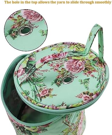 mini yarn storage small size yarn bag for crocheting with holes,empty round knitting tote bags protable yarn holder,perfect for travel,beginner & crocheter(Green Peony)