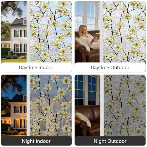 Kromapolis Window Privacy Film,Stained Glass Magnolia Floral 17.5″ x 157.4″
