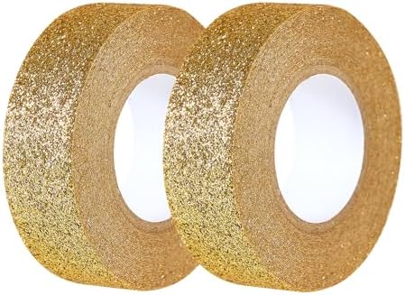 Gold Glitter Washi Tape 2 Rolls, Sparkle Decorative Tape for DIY Crafts Scrapbooking Journaling, Sticky Colored Masking Tape for Art, Wall Decor Gift Wrapping (0.6in x 11Yard)