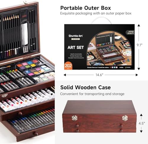 Shuttle Art Deluxe Gift Art Kit, 202-Piece Wooden Art Supplies Set with 4 Drawing Pads, Canvases, Coloring Sheets, Acrylic Paint, Crayons, Oil Pastels, Colored Pencils for Kids