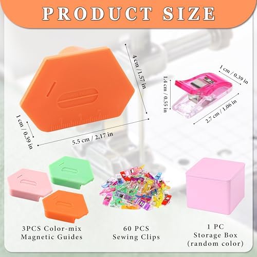 3 Pack Magnetic Seam Guide for Sewing Machine with 60pcs Sewing Clips Guide with Scale Sewing Supplies(Green,Orange and Pink)