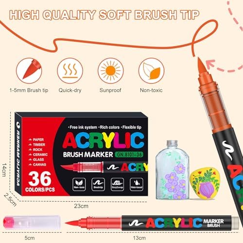 36 Colors Soft Brush Tip Acrylic Markers Set, Paint Pens for Rock, Wood, Fabric, Canvas, Glass, DIY Crafts, Waterproof Paint Markers, Vibrant Acrylic Pens for Artists and Art Projects