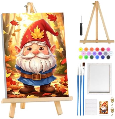 MOGTAA Fall Paint by Numbers Kit for Adults Beginners with Frame, Gnome Adult Paint by Number Kits on Canvas with Easel, Easy DIY Autumn Oil Painting Kits for Home Decor, 8x12in