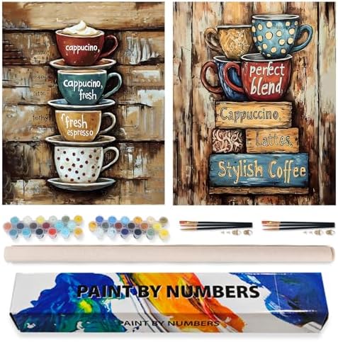 Possoco 2 Pack Paint by Numbers Kit for Adults Beginner, Colorful Coffee Cups Adult Paint by Number Kits on Canvas, DIY Acrylic Number Painting for Adults for Home Decor Gift 16x20 Inch