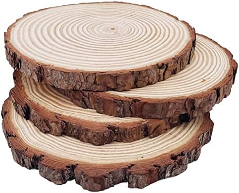 Natural Round Discs Rustic Wood Slices 4 PCS 9-10 inch Unfinished Wood kit Circles Crafts Tree Slices with Bark Log Discs for DIY Arts and Wedding Party Potluck Banquet Ornaments Decorations