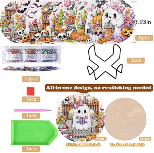 8 Pack Diamond Art Coasters,Halloween Ghost Diamond Painting Coasters Kits