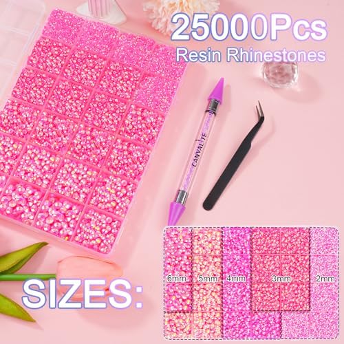 Canvalite 25000PCS Resin Jelly Rhinestones for Crafting,Hot Pink AB Flatback Gems, Bedazzling Crystal with 5x2.5g B7000 Jewelry Glue and Tweezers Dotting Pen for DIY Crafts Clothing Shoes Nail Art