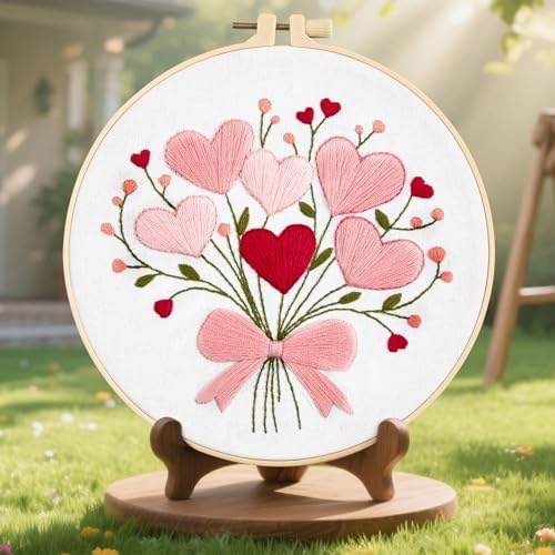 Heart Flower Embroidery Kits for Beginners Adults, Pink Embroidery Starter Kits, Counted Cross Stitch Kits for Adults Anniversary Valentine's Day Gift, Embroidery Hoops, Fabric Thread & Video Tutorial