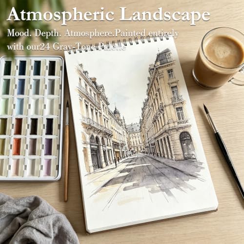 ABEIER Watercolor Paint Set, 24 Colors Opaque Semi-Solid, Muted Gray