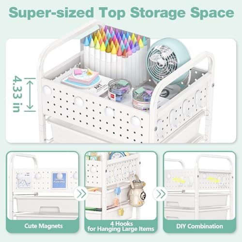 5 Drawer Rolling Storage Cart with Pegboard Top and Hooks, White