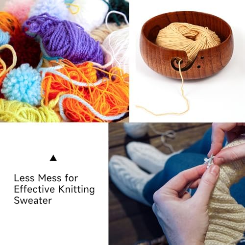 Wooden Yarn Bowl, 8" x 3" Knitting Tool with Holes, Handmade Rounded Edge for Crocheting, Storage Holder for DIY Sewing Supplies