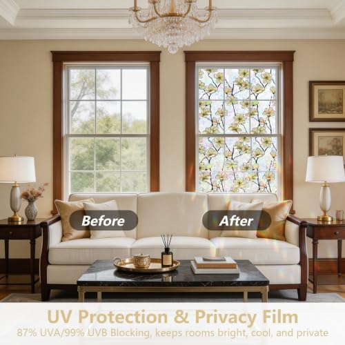 Kromapolis Window Privacy Film,Stained Glass Magnolia Floral 29.5″ x 157.4″