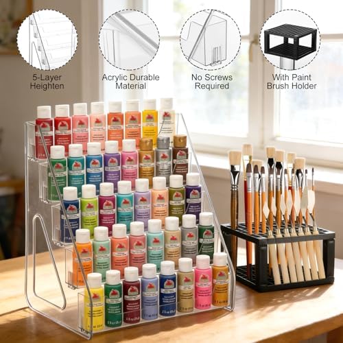 YEXEXINM Heightened Clear Paint Organizer with Paint Brush Holder 5-Tier Acrylic Craft Storage Stand for Bottles Paint Storage Rack Miniature Paint Holder Display Craft Paint Organizer Rack