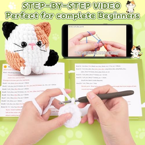 Cat Crochet Kit for Beginners-Calico Cat Crochet Kits for Adults Kids, Crochet Starter Kit with Step-by-Step Video Tutorials,Crochet Animal Kits Learn to Crochet Kits for Adults Kids