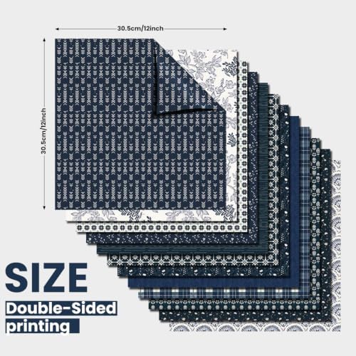 Gingham Scrapbook Paper 12x12 Blue,24 Sheets Double-Sided Bohemian Floral Patterned CardStock Paper Pad Boho Tone Decorative Craft Papers for Holiday Cardmaking DIY Origami Papers.