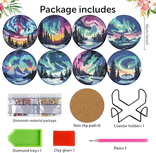 NEGEKFKX 8 Pcs Aurora Diamond Art Painting Coasters Kits,Landscape Coaster with Holder for Adults, Non-Slip DIY Dot Paint Craft Kits,5D Full Drill DIY Diamond Dot Gem Art Kit Home Decor Arts Craft