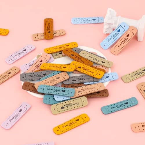 50 PCS Handmade Tags for Crochet Handmade Leather Labels Faux Handmades with Love Leather Tags for Handmades Items Embellishment Knit Accessories with Hole for DIY Crafts Sewing Crochet Knitting Hats