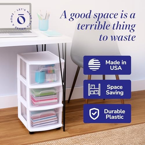 HOMZ Drawer Tower 3-Tier Storage Cart, Removable Wheels, White Frame,2 Pack