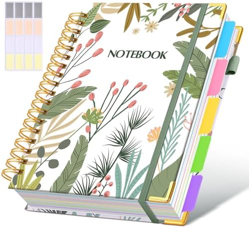 Hardcover Spiral Notebook journal with Removable Dividers Tabs, 300 Pages 5 Subject Notebook College Ruled, 100GMS Notebooks for Work School Note taking,Lined Journal for Women,Colorful Botanicals