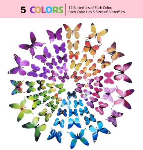 Butterfly Wall Stickers - 60 pcs 3D Butterflies Removable Mural Wall Stickers for Home Room Bedroom Decorations