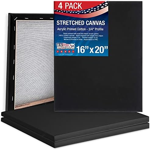U.S. Art Supply 16"x20" Black Stretched Canvas for Painting, 3/4", 4-Pack