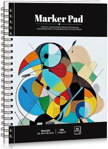 9 × 12 in Marker Paper Pad, 50 Sheets, Spiral Bound, 120gsm | Bleed-Resistant Acid-Free Paper, Smooth for Alcohol Markers, Pencils & Acrylics, Easy-Tear Pages, Lays Flat for Drawing