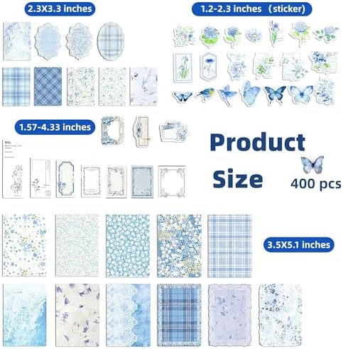100Pcs Light Blue Vintage Scrapbook Paper & Journaling Stickers Set, Mix Sizes Antiqu Printed Craft Paper, Retro Floral Design Junk Journal Supplies for DIY Card Making, Journaling, Photo Album