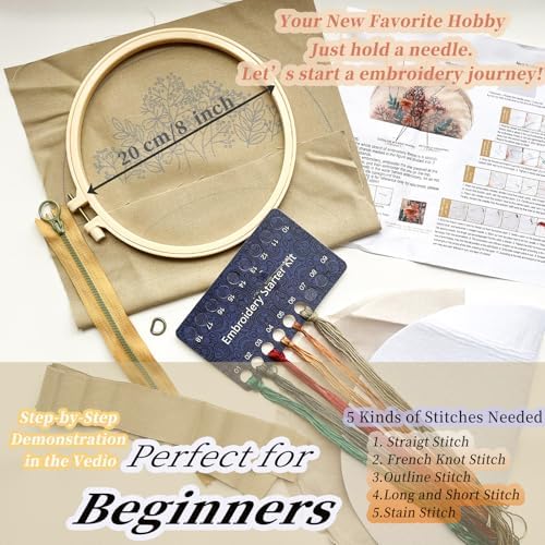FONNUY Embroidery Kit Makeup Bag for Beginners, Flowers Pre-Stamped Pattern Handbag Coin Purses Making Kits for Adults with Hoop, Easy to Follow Color Thread Needlework (Beige)