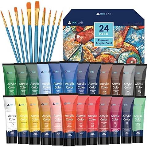 Acrylic Paint Set 24 Colors Craft Paints in Tubes with 10 Art Brushes Rich Pigment for Artists Beginners Painting on Canvas Wood Fabric Crafts, 36ml/Tube