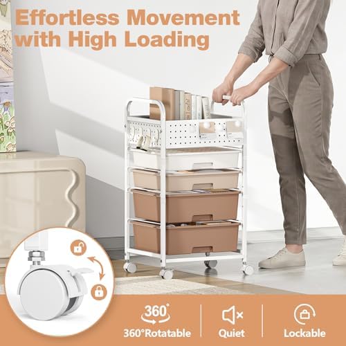 4 Drawer Rolling Storage Cart with Pegboard Top and Hooks, Brown