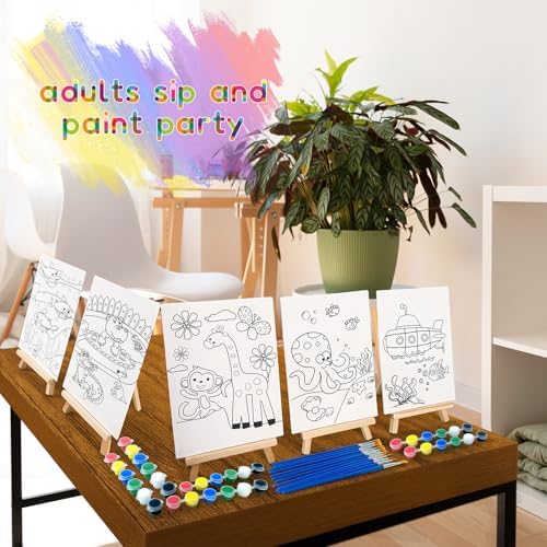 48PCS 12 Sets Printed Canvas Paint Art 12 Pcs Wooden Easel Set Paint Pots and Brushes and 12 Pre Drawn Canvas Panel 12 Pcs Mini Apron and Tote Bag for Kids(Animal)