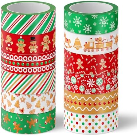 Whaline 12 Rolls Christmas Washi Tape Xmas Gingerbread Man Candy Cane Decorative Masking Tape for Christmas Scrapbook Journal DIY Art Craft Gift Wrapping
