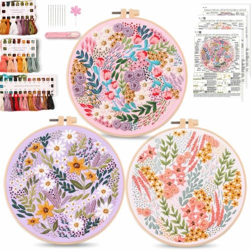 Harimau Beginner Adult Embroidery Kit, All-in-One Starter Pack with 3 Patterns, 3 Hoops, Scissors, Needles, Instruction Manual & Stitching Video Guides