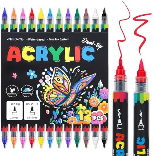 Dual Tip Acrylic Paint Pens, 12 Colors Acrylic Paint Markers with Fine & Brush Tip, Water-Based Permanent Paint Pens for Rock Painting, Canvas, Glass, Wood, Ceramic, Fabric DIY Crafts