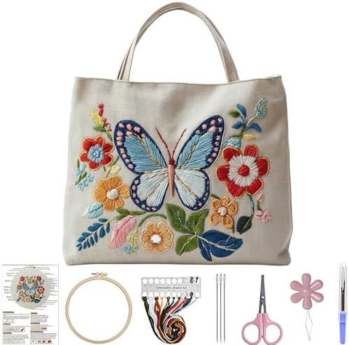 ARTopet Embroidery Tote Bag Kit for Beginners Butterfly Canvas Cross Stitch Handbag with Hoops Needles Threads Reusable Grocery Bag for Women-Butterfly03